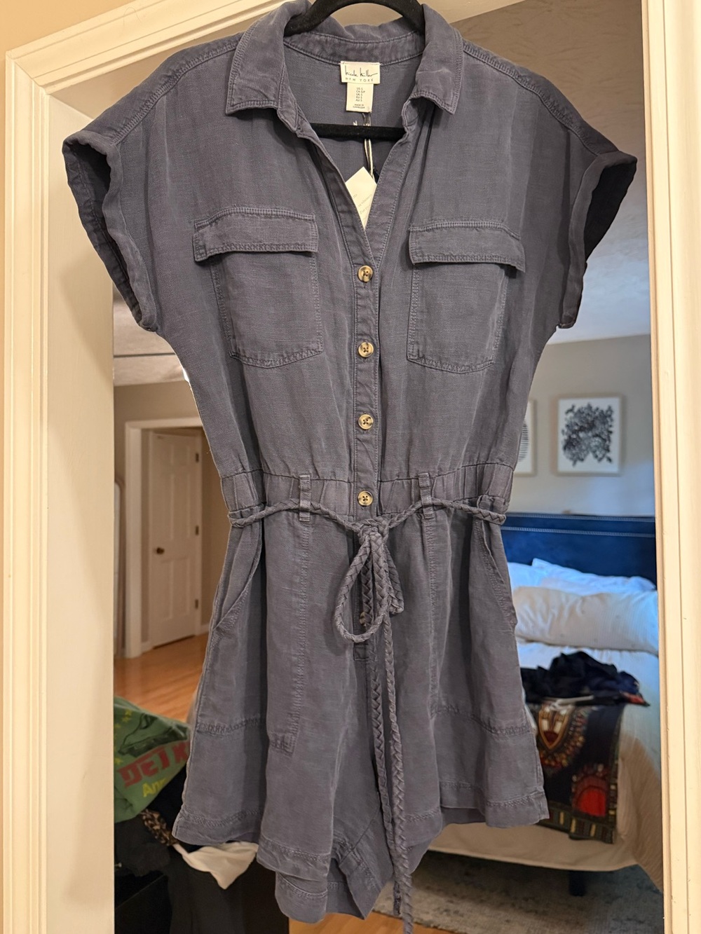 Nicole Miller Navy Romper with Drawstring Waist
